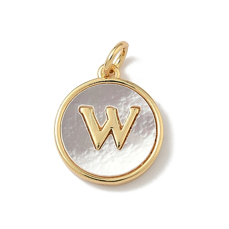 Brass Pave Natural Shell Flat Round with Letter Charms KK-Z115-13G-W-1