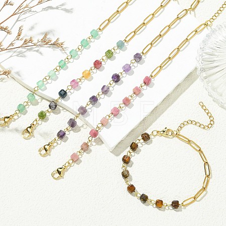 Cube Natural Gemstone Beads Link Bracelets BJEW-JB13903-1