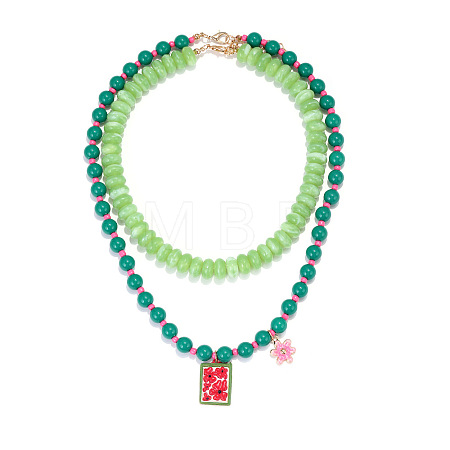 Alloy Enamel Resin Rectangle with Flower Pendant Double Layer Necklaces for Women WGCD407-01-1