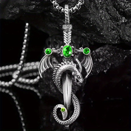 Alloy & 201 Stainless Steel & Rhinestone Dinosaur Wrapped Sword Pendant Necklaces for Men FS-WGFE8C1-05-1