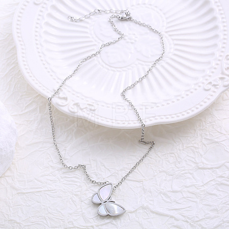 Stainless Steel Pave Natural White Shell Butterfly Pendant Necklaces for Women YH3028-1-1