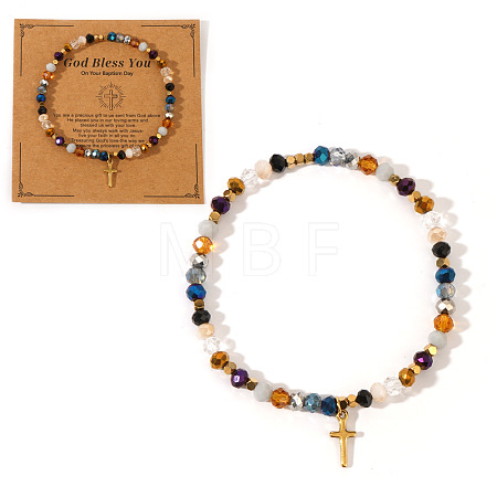 Natural Stone and Glass Faceted Rondelle Beaded Stretch Bracelets with Brass Religion Cross Charms for Women KR8721-3-1