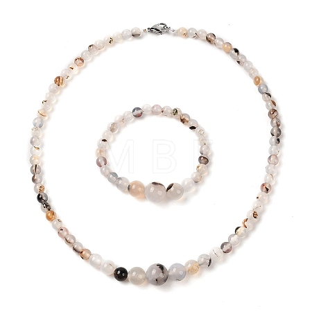 Natural Dendritic Agate Round Beads Bracelets & Necklaces Sets SJEW-L132-26-1