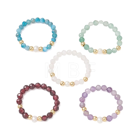 Natural Mixed Gemstone & Pearl Bead Finger Rings for Women RJEW-JR00965-1