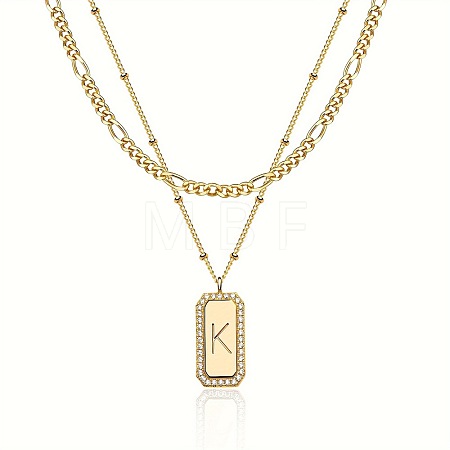 Brass Micro Pave Clear Cubic Zirconia Rectangle with Initial Pendant Double Layer Necklaces for Women FS-WG478B5-11-1
