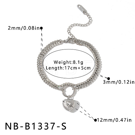 304 Stainless Steel Crystal Rhinestone Heart Charm 2-Strand Bracelets for Women WG667D2-02-1