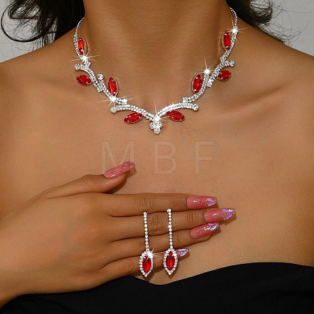 Leaf Brass Rhinestone Stud Dangle Earrings & Pendant Necklaces Set for Women SJEW-M102-03S-01-1