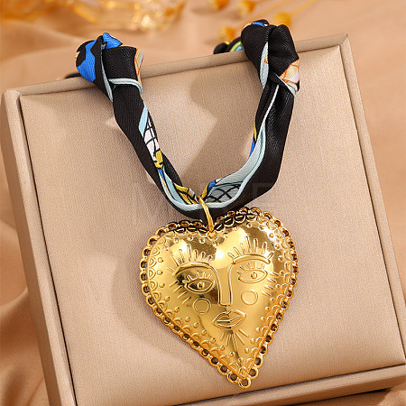 304 Stainless Steel Embossed Human Face Heart Pendant Scarf Necklaces for Women WGB9B2C-01-1