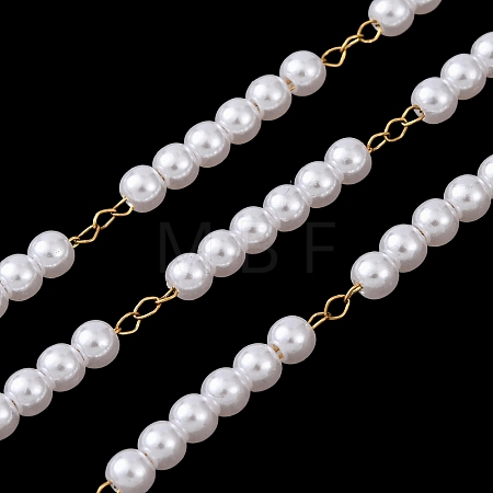 304 Stainless Steel & ABS Plastic Pearl Round Bead Cable Chains CHS-G048-01G-1