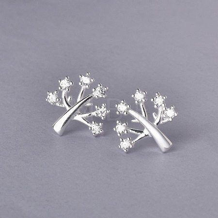 925 Sterling Silver Micro Pave Clear Cubic Zirconia Tree Stud Earrings FS-WG69278-01-1