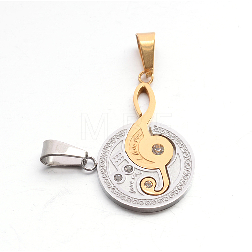 Valentine's Couple Jewelry 304 Stainless Steel Rhinestone Flat Round and Musical Note with Word Love You Pendants STAS-E090-74G-1
