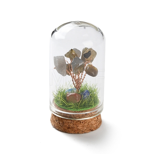 Natural Labradorite Chips Money Tree in Dome Glass Bell Jars with Wood Base Display Decorations DJEW-K030-02M-1