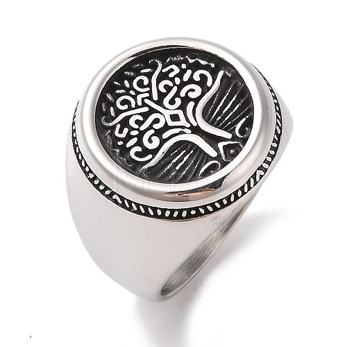 304 Stainless Steel Round with Tree of Life Signet Rings for Men RJEW-U005-20A-01-1