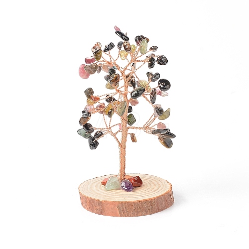 Natural Tourmaline Chips with Brass Wrapped Wire Money Tree on Wood Base Display Decorations DJEW-B007-05H-1