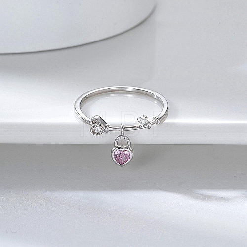 Rhodium Plated 925 Sterling Silver Finger Ring with Cubic Zirconia Heart Pad Charms RJEW-C064-34C-P-1