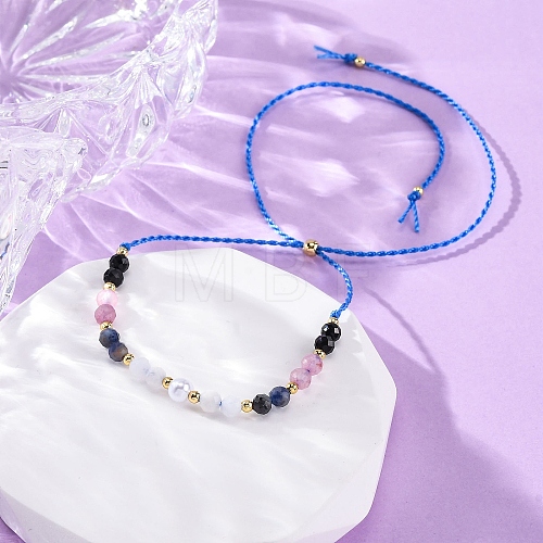 Faceted Round Natural Black Agate & Sodalite & Rose Quartz & Quartz Crystal Braided Bead Bracelets BJEW-F493-09G-02-1