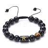 10MM Natural Black Onyx(Dyed & Heated) and Tiger Eye Alphabet Round Braided Bead Adjustable Bracelets for Women DM6424-18-1