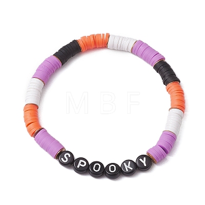 Halloween Word Acrylic & Handmade Polymer Clay Beaded Stretch Bracelets BJEW-JB10887-1