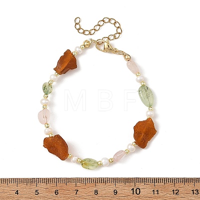 Raw Natural Amber & Rose Quartz Nuggets & Cultured Freshwater Pearl Beaded Bracelets BJEW-JB14288-1