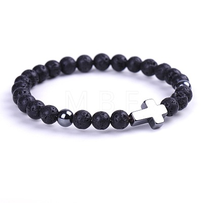 Natural Lava Rock & Synthetic Non-magnetic Hematite Beads Stretch Bracelets for Women Men BO6196-1-1