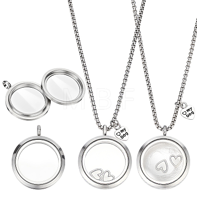 2Pcs Alloy Glass Flat Round Pet Fur Keepsake Locket Pendant 304 Stainless Steel Box Chain Necklaces NJEW-PH0001-54B-1
