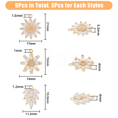 9Pcs 3 Style Brass Micro Pave Cubic Zirconia Pendants KK-DC0002-70-1