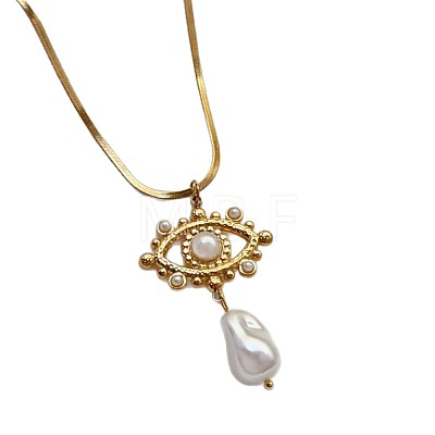 304 Stainless Steel and Imitation Pearl Evil Eye with Teardrop Pendant Necklaces for Women WG4B996-01-1