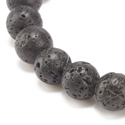 Natural Lava Rock Round Beaded Stretch Bracelet with Alloy Flower BJEW-JB08010-1