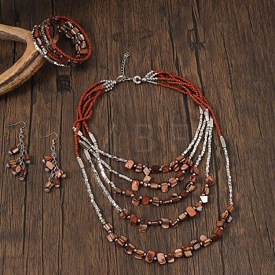 Alloy & Natural Shell & Glass Seed Beaded Multilayer Necklaces & Dangle Earrings & Bangles Sets WGCEEFD-05-1