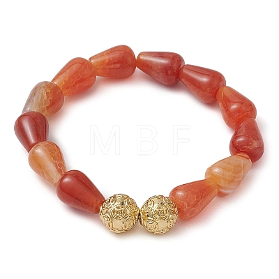 Teardrop Natural Crackle Agate & Round Brass Beaded Stretch Bracelets for Women BJEW-JB10711-1