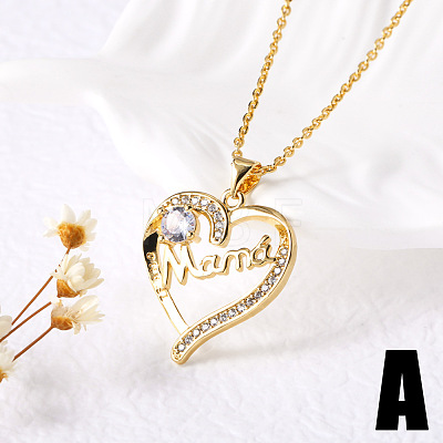 Brass Pave Clear Cubic Zirconia Mama Heart Pendant Necklaces for Mother's Day FS-WGFC5D6-01-1