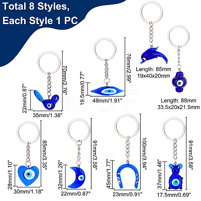   8Pcs 8 Style Glass Keychains KEYC-PH0001-53-1