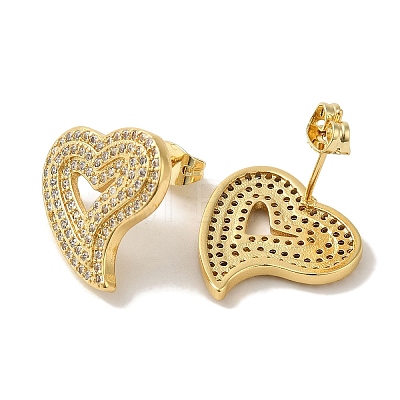 Rack Plating Heart Brass Micro Pave Cubic Zirconia Stud Earrings for Women EJEW-P272-11G-1