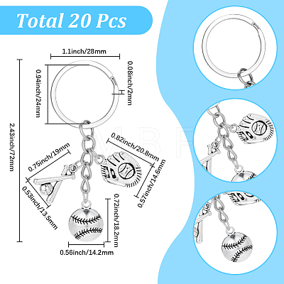 20Pcs Alloy Baseball & Solfball Gloves & Keychains KEYC-SC00034-1