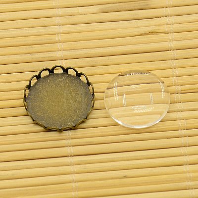 Antique Bronze Brass Cabochon Settings and Flat Round Transparent Clear Glass Cabochons KK-X0003-RS-1