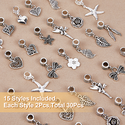 SUPERFINDINGS 30Pcs 15 Styles Tibetan Style Alloy European Dangle Charms FIND-FH0008-46-1