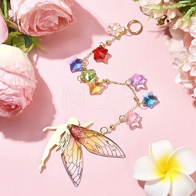 Brass & Transparent Epoxy Resin Fairy Pendant Decoration HJEW-JM02635-02-1