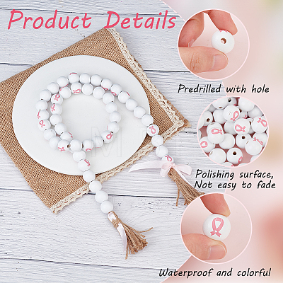 Printed Breast Cancer Awareness Pink Ribbon Pattern Wood Beads for Valentine's Day WOOD-WH0033-01-1