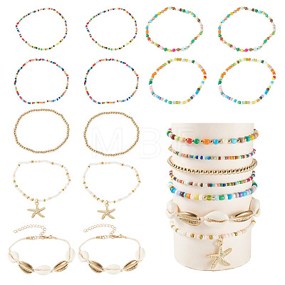 2 Bags Summer Beach Glass Seed Beaded & Natural Shell & Alloy Starfish Charm Anklet Sets AJEW-TA0003-69A-1