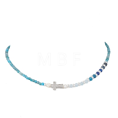 Natural Apatite Faceted Round and Dyed Malaysia Jade & Pearl Beaded Necklaces with Brass Micro Pave Clear Cubic Zirconia Cross NJEW-JN05975-02-1