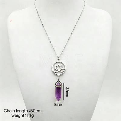 Natural Amethyst Hexagonal Prism Pointed Faceted Bullet and Alloy Lotus Flower Pendant Necklaces for Women VW3662-5-1