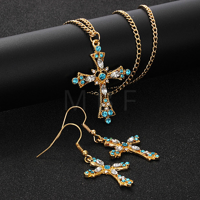 Cross Alloy Indicolite Rhinestone Pendant Necklaces & Dangle Earrings Sets FS-WGB8FD1-02-1