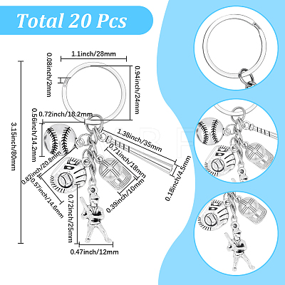 20Pcs Alloy Baseball Player & Baseball Bat & Hat Keychains KEYC-SC00044-1