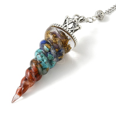 Resin Dowsing Pendulum Pendants with Natural & Synthetic Gemstone Chips inside and Iron Chain & Alloy Caps GG-CBAEAD2-01E-1