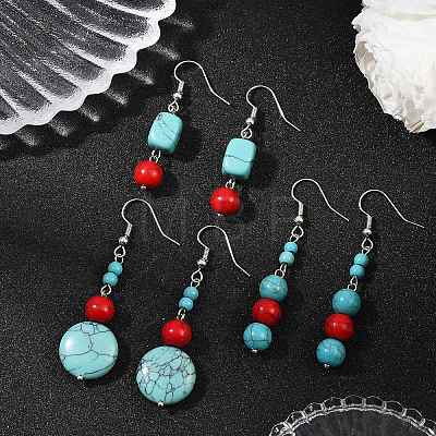 3 Pairs Brass Synthetic Turquoise Dangle Earrings EJEW-JE06589-1