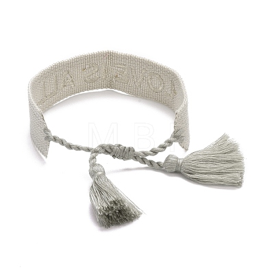 Word Love Is All Polycotton(Polyester Cotton) Braided Bracelet with Tassel Charm BJEW-F429-05-1