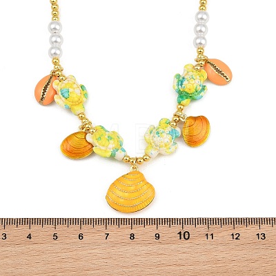 Ocean Brass Enamel Starfish Shell Shape Pendant Round ABS Imitation Pearl Beaded Necklaces KK-CBA4547-04A-G-1