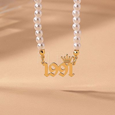 Alloy Crown Birth Year Pendant Imitation Pearl Round White Beaded Necklaces for Women FS-WG173C9-31-1