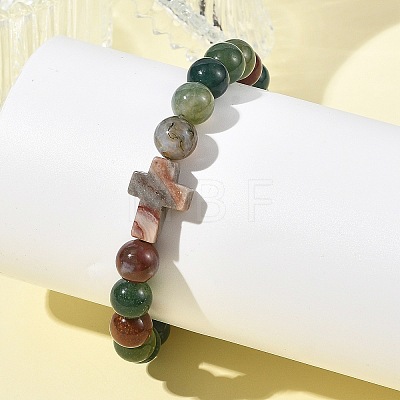8.5MM Natural Indian Agate Round Beaded Stretch Bracelets BJEW-JB14342-01-1