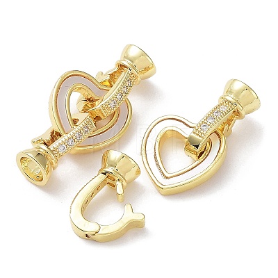 Rack Plating Brass Micro Pave Clear Cubic Zirconia Fold Over Heart Clasps KK-F858-11G-1